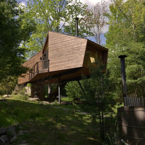 cabin, wooded, wood, pond, lake, glass, fireplace, 