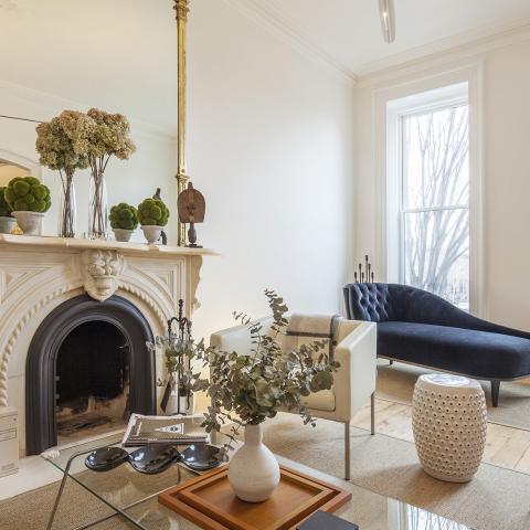 brownstone, contemporary, light, white, fireplace, kitchen, deck, 