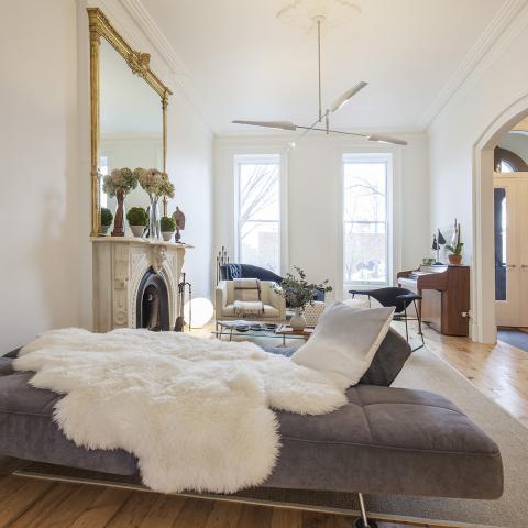 brownstone, contemporary, light, white, fireplace, kitchen, deck, 