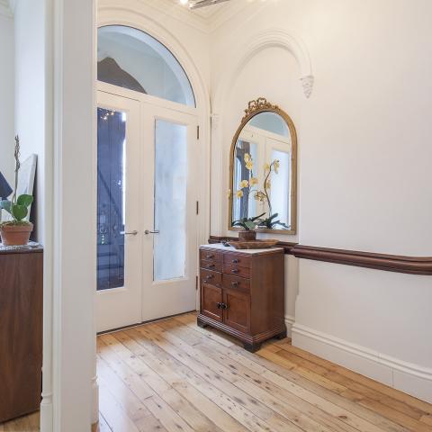 brownstone, contemporary, light, white, fireplace, kitchen, deck, 