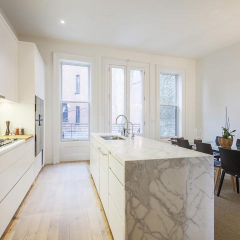 brownstone, contemporary, light, white, fireplace, kitchen, deck, 