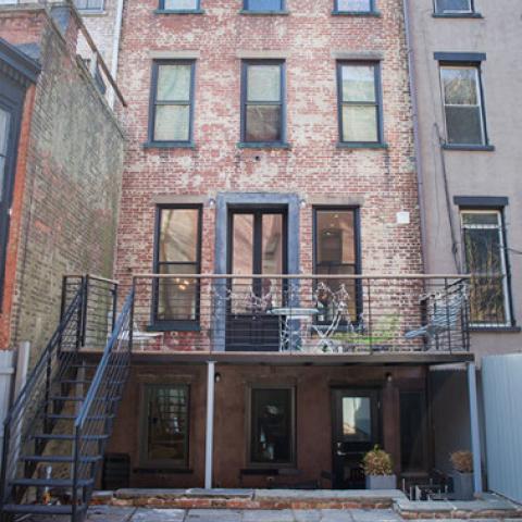 brownstone, contemporary, light, white, fireplace, kitchen, deck, 