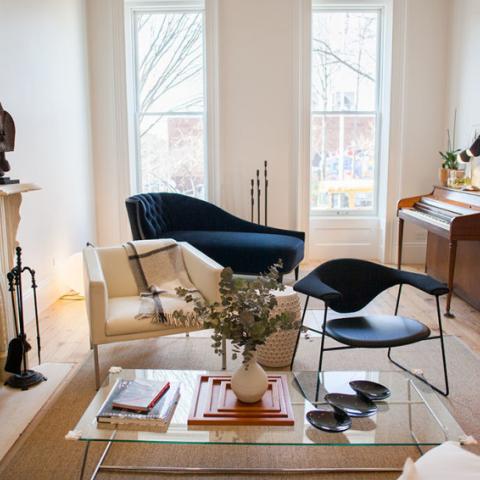 brownstone, contemporary, light, white, fireplace, kitchen, deck, 