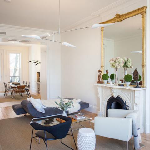 brownstone, contemporary, light, white, fireplace, kitchen, deck, 