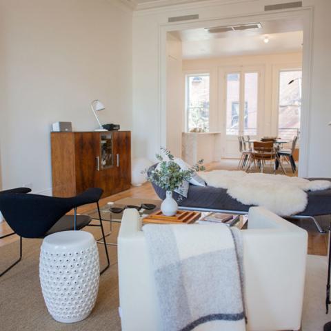 brownstone, contemporary, light, white, fireplace, kitchen, deck, 