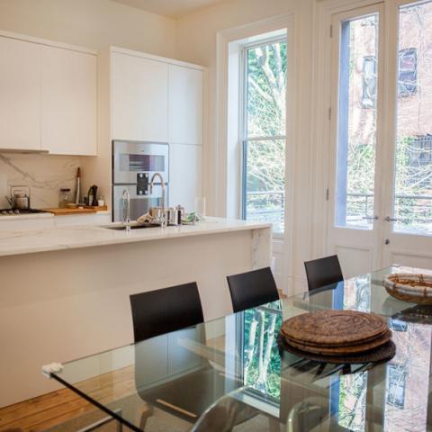 brownstone, contemporary, light, white, fireplace, kitchen, deck, 