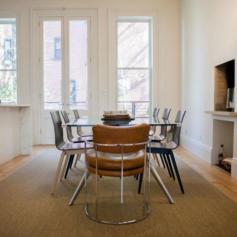 brownstone, contemporary, light, white, fireplace, kitchen, deck, 