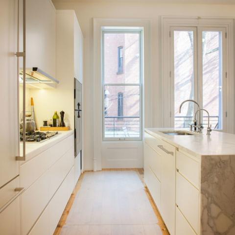 brownstone, contemporary, light, white, fireplace, kitchen, deck, 