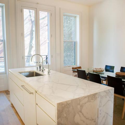 brownstone, contemporary, light, white, fireplace, kitchen, deck, 