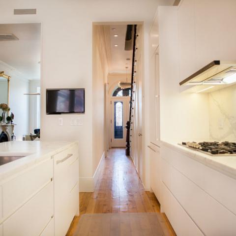 brownstone, contemporary, light, white, fireplace, kitchen, deck, 