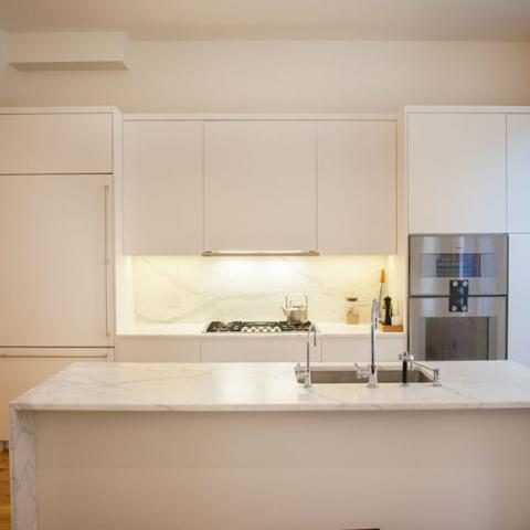 brownstone, contemporary, light, white, fireplace, kitchen, deck, 