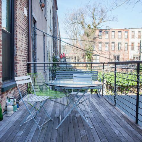 brownstone, contemporary, light, white, fireplace, kitchen, deck, 