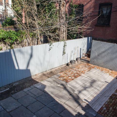 brownstone, contemporary, light, white, fireplace, kitchen, deck, 