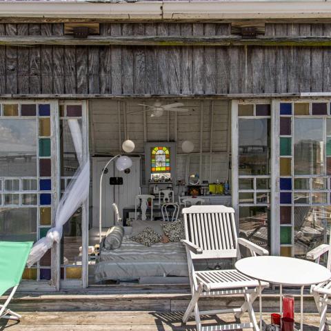 distressed, funky, bohemian, deck, water, beach, dock, colorful, 