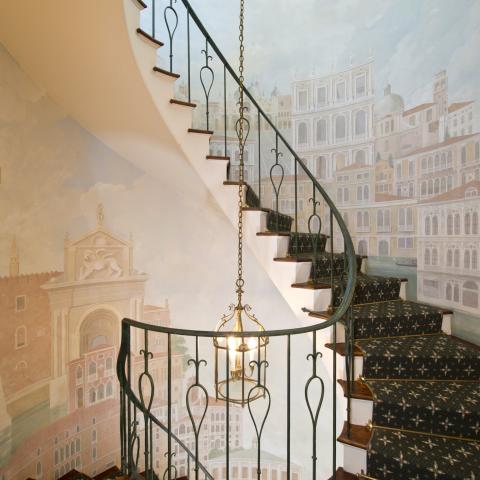 colorful, townhouse, traditional, upscale, staircase, fireplace, library, 