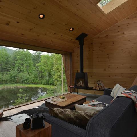 cabin, wooded, wood, pond, lake, glass, fireplace, 