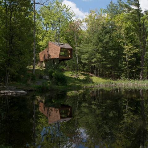 cabin, wooded, wood, pond, lake, glass, fireplace, 