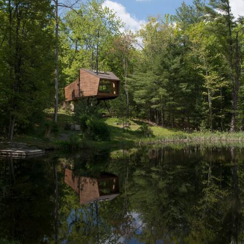 cabin, wooded, wood, pond, lake, glass, fireplace, 