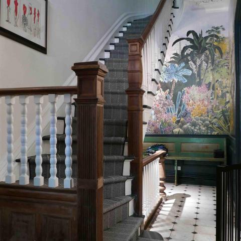 brownstone, funky, eclectic, colorful, staircase, fireplace, kitchen, 