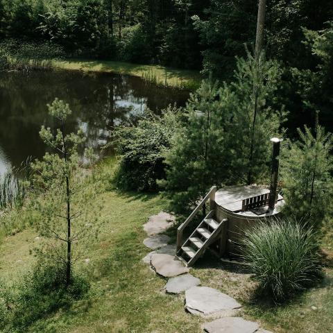 cabin, wooded, wood, pond, lake, glass, fireplace, 