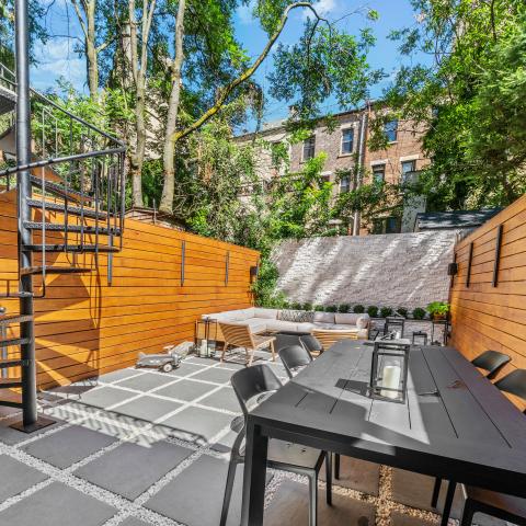 brownstone, townhouse, contemporary, upscale, staircase, terrace, garden, kitchen, bathroom, 