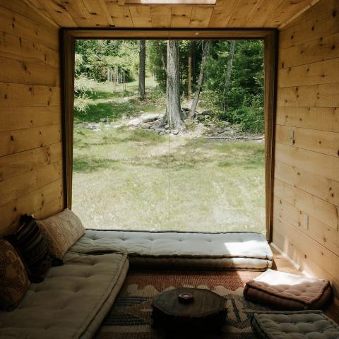 cabin, wooded, wood, pond, lake, glass, fireplace, 