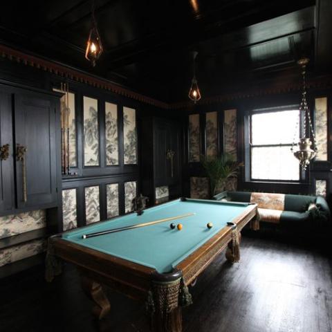 bohemian, eclectic, upscale, ornate, traditional, pool table, 