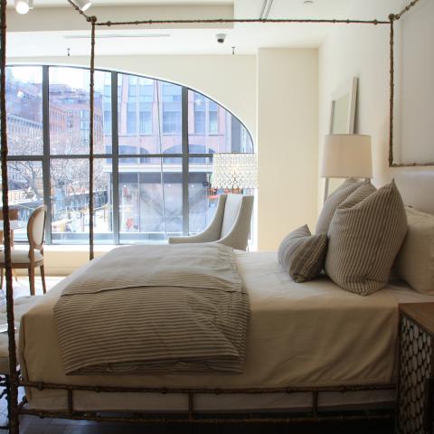 loft, apartment, white, light, city view, bedroom, staircase, 