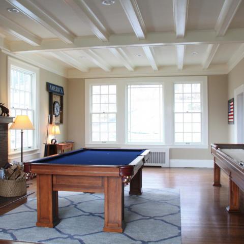 suburban, pool table, patio, staircase, fireplace, kitchen, porch, bathroom, 
