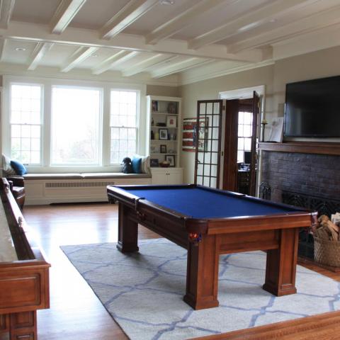 suburban, pool table, patio, staircase, fireplace, kitchen, porch, bathroom, 