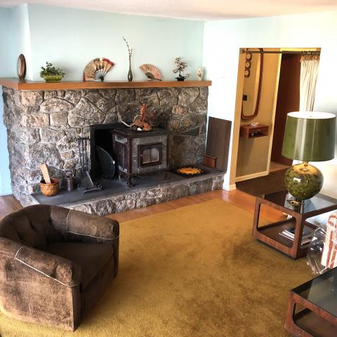 funky, stone, wood, kitchen, deck, patio, fireplace, 