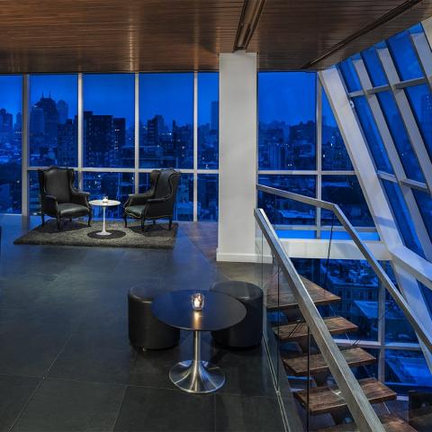 contemporary, upscale, glass, apartment, loft, staircase, rooftop, city view, 