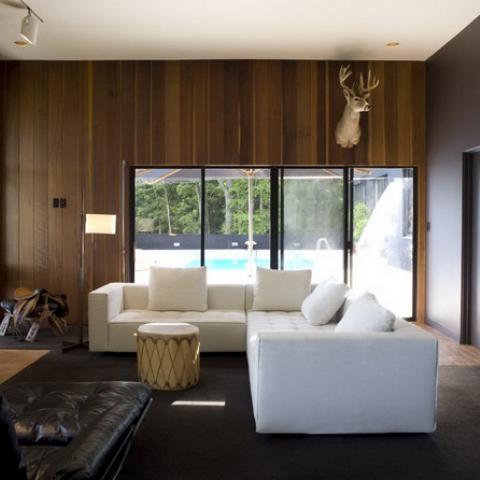 modern, contemporary, pool, bar, patio, wooded, fireplace, pool table, deck, 