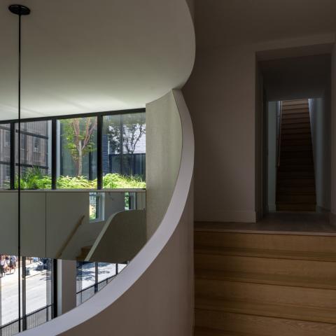 townhouse, modern, glass, light, rooftop, staircase, white, city view, 