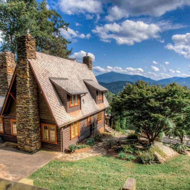 log house, cabin, stone, water, rural, Asheville, 