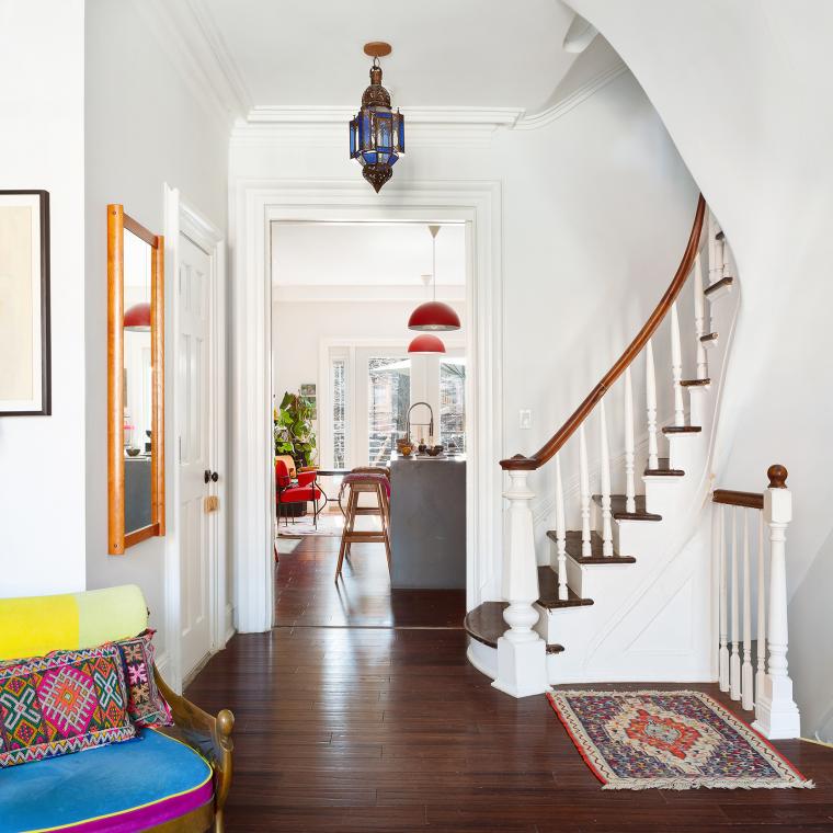 brownstone, townhouse, bohemian, eclectic, staircase, deck, kitchen, 