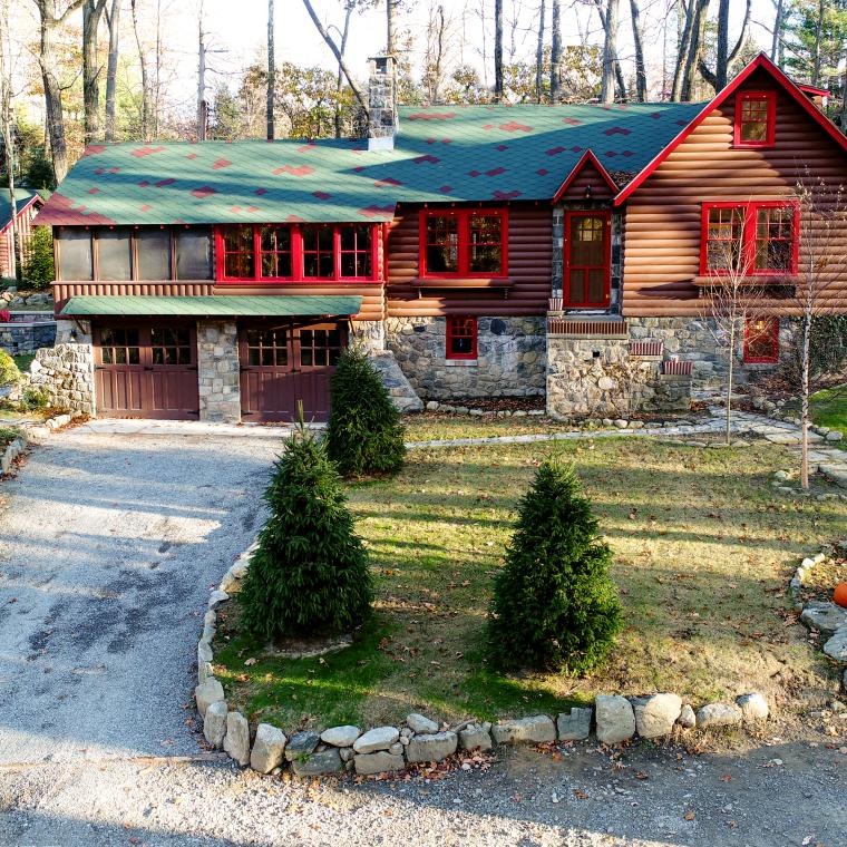 cabin, log house, lake, water, 