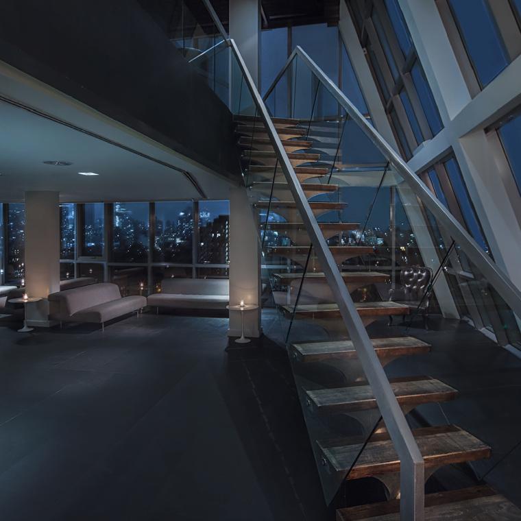 contemporary, upscale, glass, apartment, loft, staircase, rooftop, city view, 