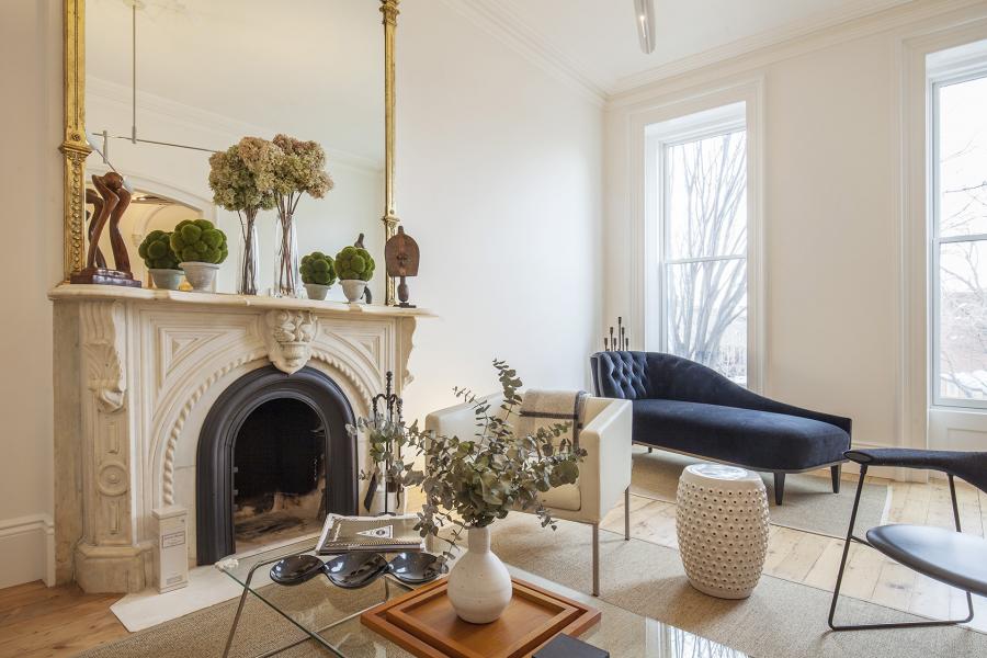 brownstone, contemporary, light, white, fireplace, kitchen, deck, 