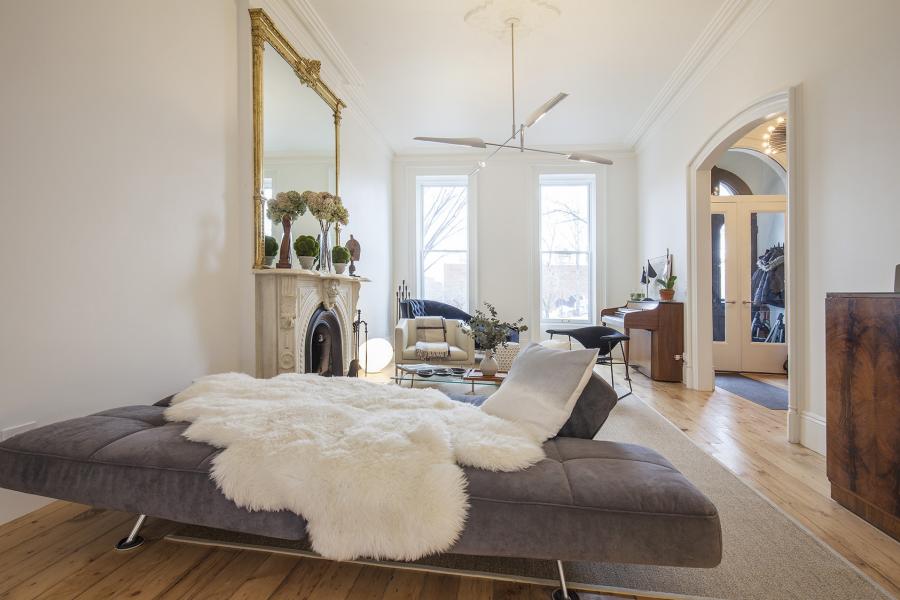 brownstone, contemporary, light, white, fireplace, kitchen, deck, 