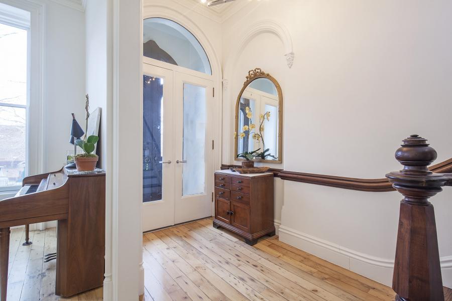 brownstone, contemporary, light, white, fireplace, kitchen, deck, 