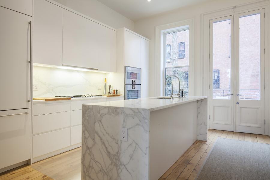 brownstone, contemporary, light, white, fireplace, kitchen, deck, 