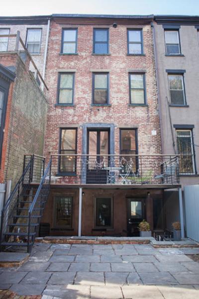 brownstone, contemporary, light, white, fireplace, kitchen, deck, 