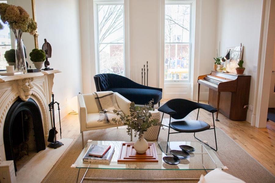 brownstone, contemporary, light, white, fireplace, kitchen, deck, 