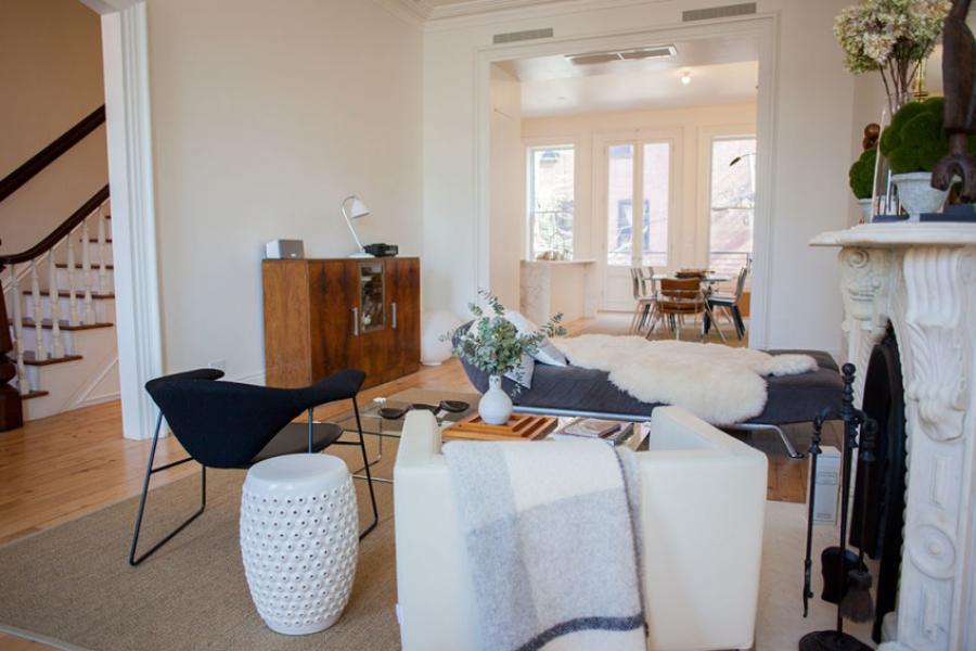 brownstone, contemporary, light, white, fireplace, kitchen, deck, 