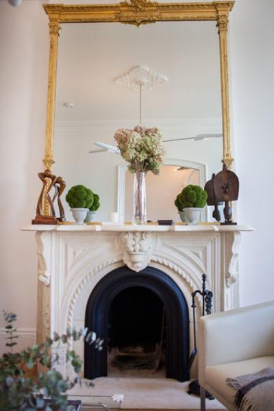 brownstone, contemporary, light, white, fireplace, kitchen, deck, 