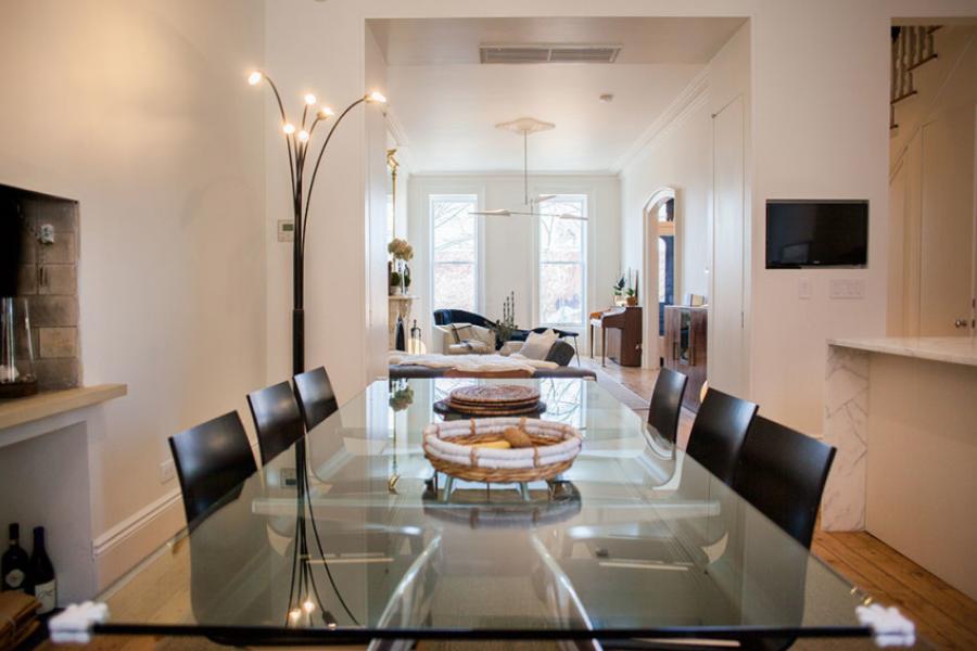 brownstone, contemporary, light, white, fireplace, kitchen, deck, 