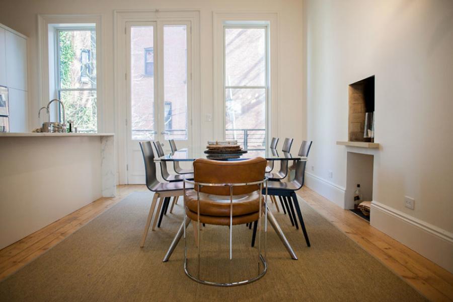 brownstone, contemporary, light, white, fireplace, kitchen, deck, 