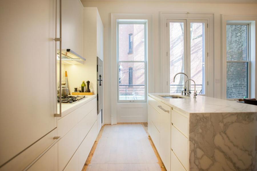 brownstone, contemporary, light, white, fireplace, kitchen, deck, 