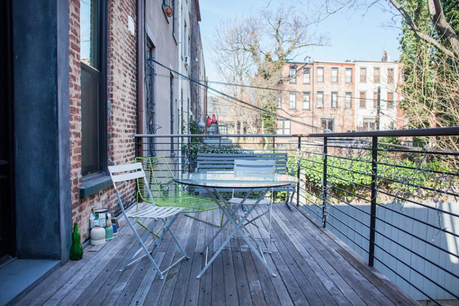 brownstone, contemporary, light, white, fireplace, kitchen, deck, 